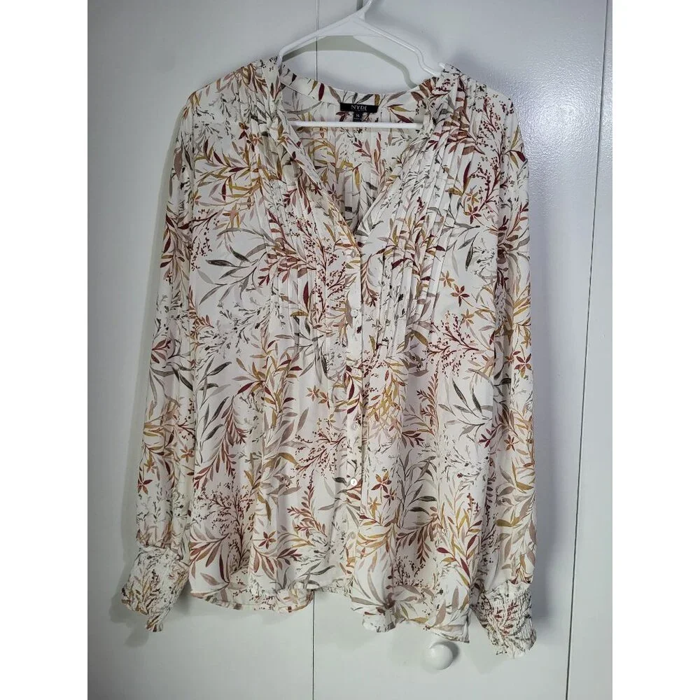 NYDJ Women's XL Pleated Peasant Blouse Smock Cuffs Floral - Picture 2 of 8